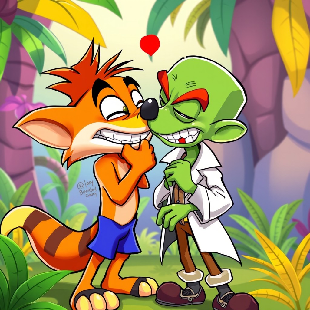 A humorous and vibrant scene depicting Crash Bandicoot sharing a playful kiss with his nemesis, Dr