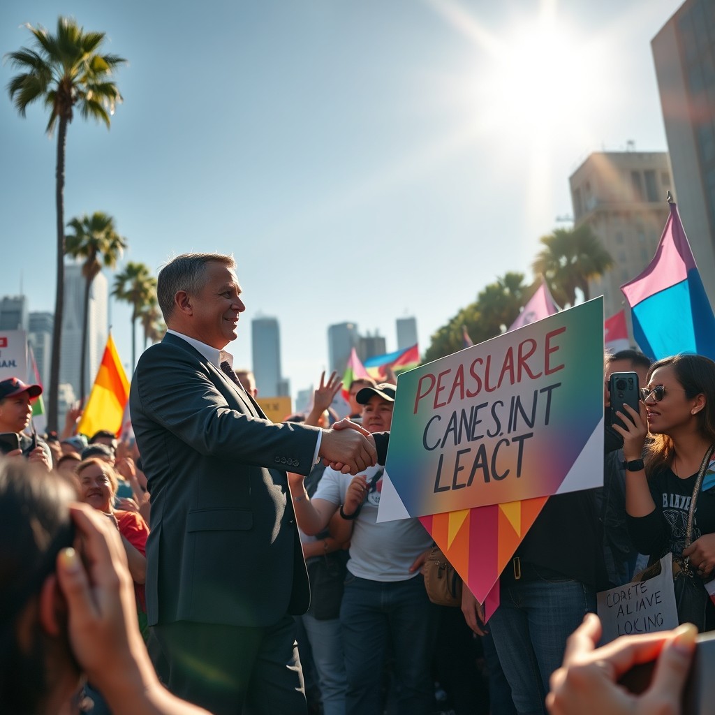 A powerful image capturing a male politician in a dark suit, shaking hands with a passionate protestor holding a colorful sign, surrounded by a diverse crowd of supporters and onlookers