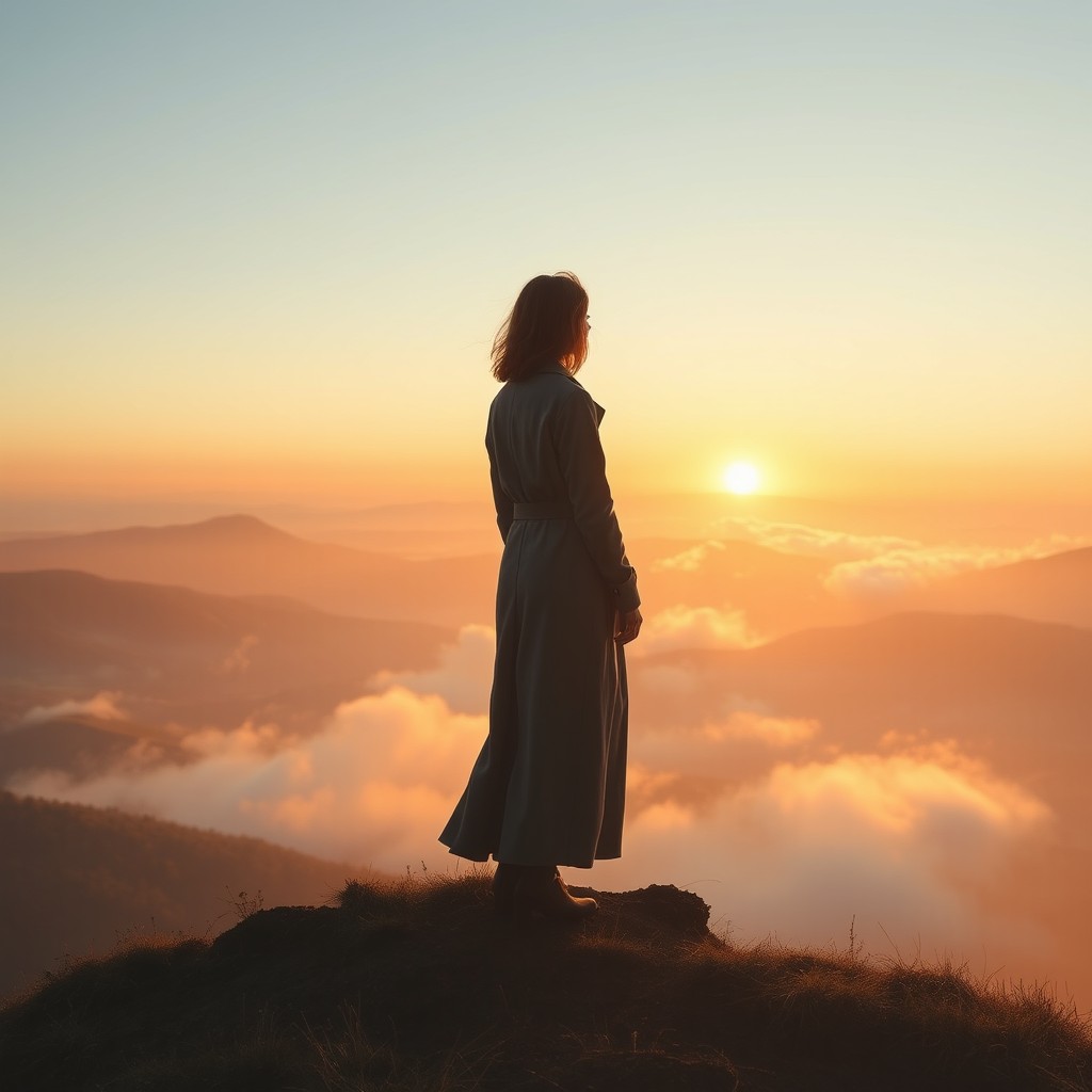 A solitary figure standing on a misty mountain top at dawn, looking pensively towards the horizon