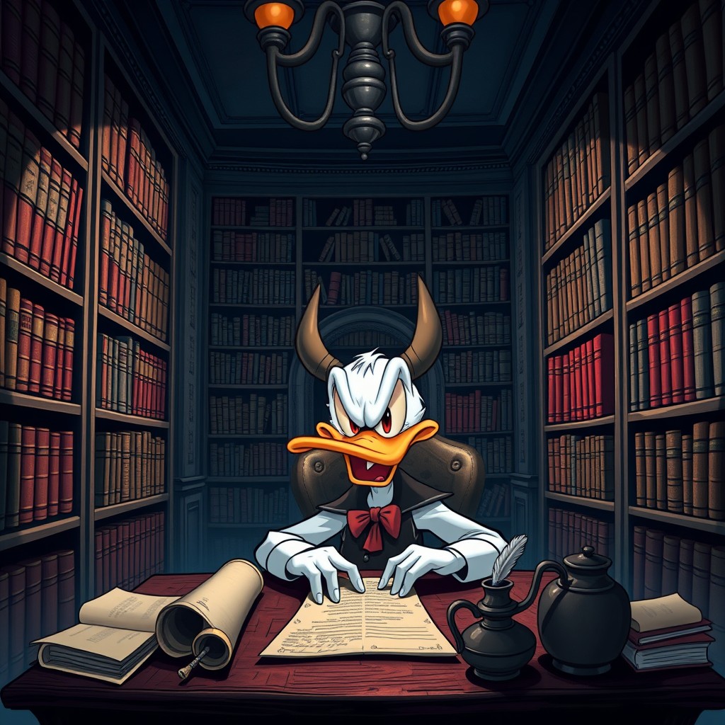 A devilish Donald Duck with red eyes and sharp fangs sitting at a desk inside a library, surrounded by towering bookshelves filled with ancient tomes