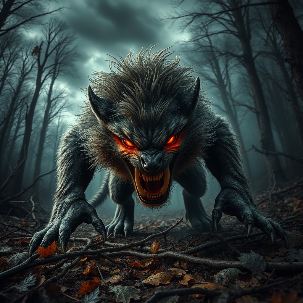 A fierce, wild creature exuding animalistic rage, with fur bristling and fangs bared