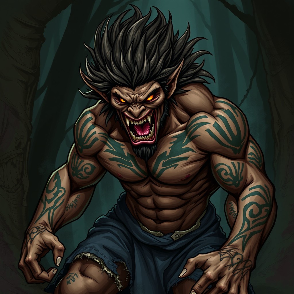 A fierce human character embodying animalistic rage, with muscular build and wild, untamed hair, baring sharp teeth in a snarl