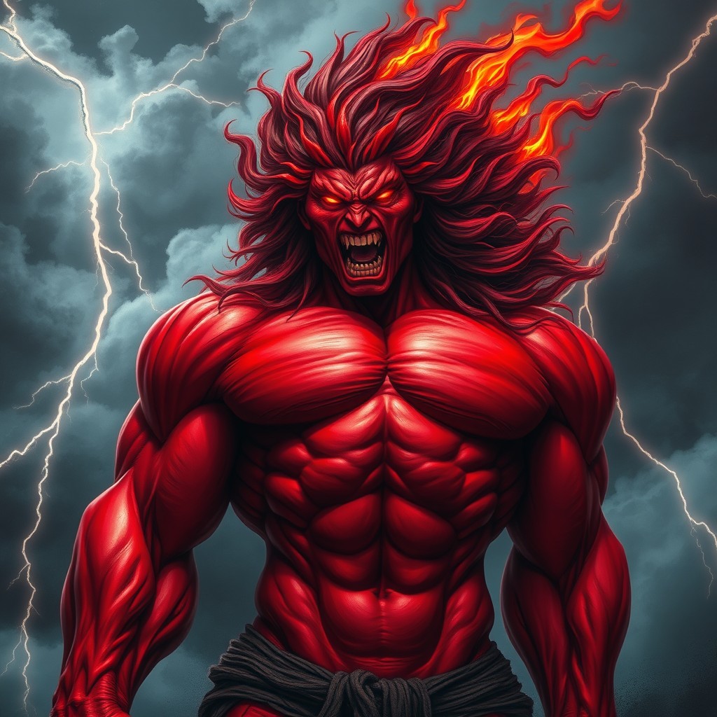 A towering figure representing rage in human form, with fiery red eyes and a fierce expression