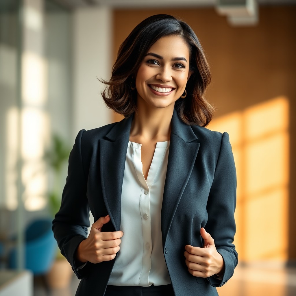 A professional portrait of an elegant woman standing confidently with her hands on her hips, dressed in a tailored business suit