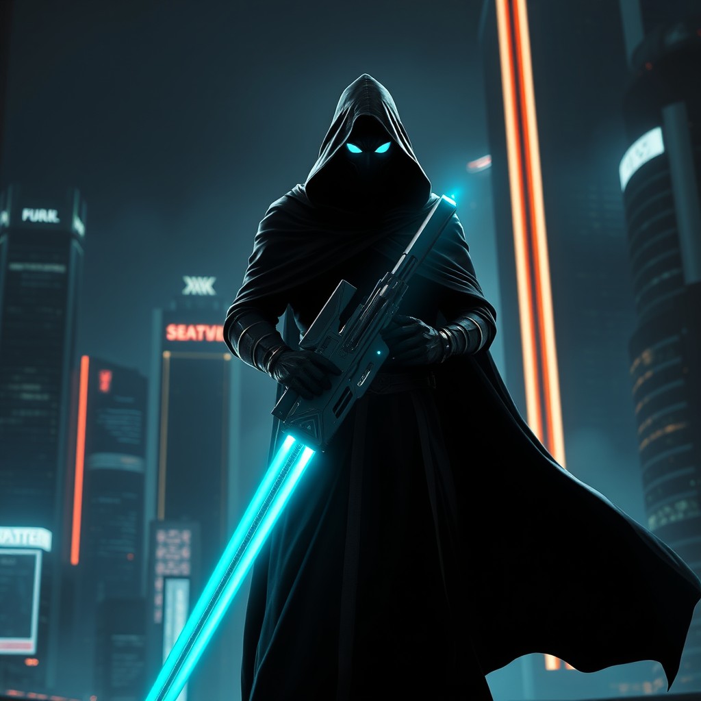 A mysterious shadow power bounty hunter, cloaked in a dark, flowing cape, standing in a futuristic cityscape at night