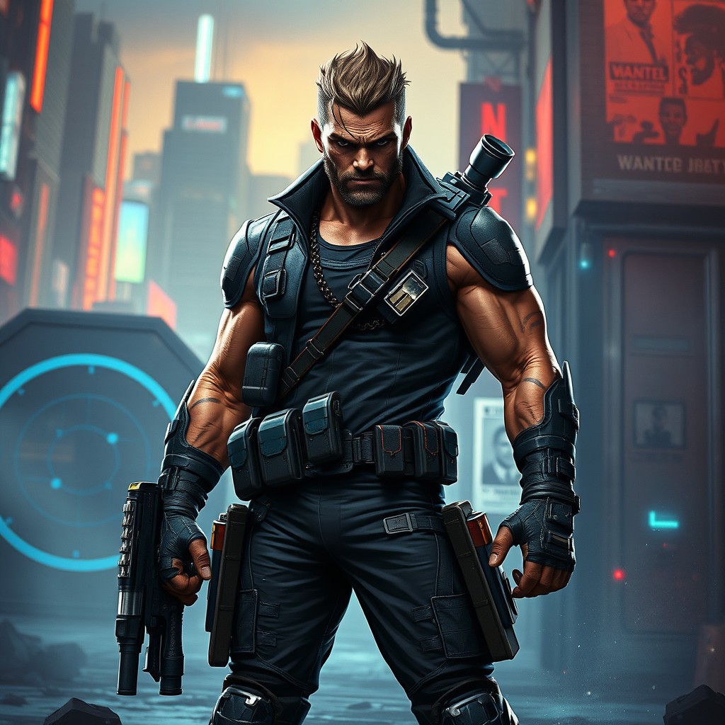 A fierce and skilled bounty hunter from the Marvel universe, wearing a sleek, tactical outfit with various gadgets and weapons holstered