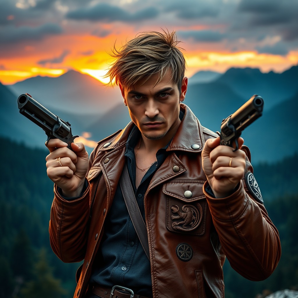 A fierce bounty hunter from New Zealand, inspired by Marvel's aesthetic, wielding two polished revolvers