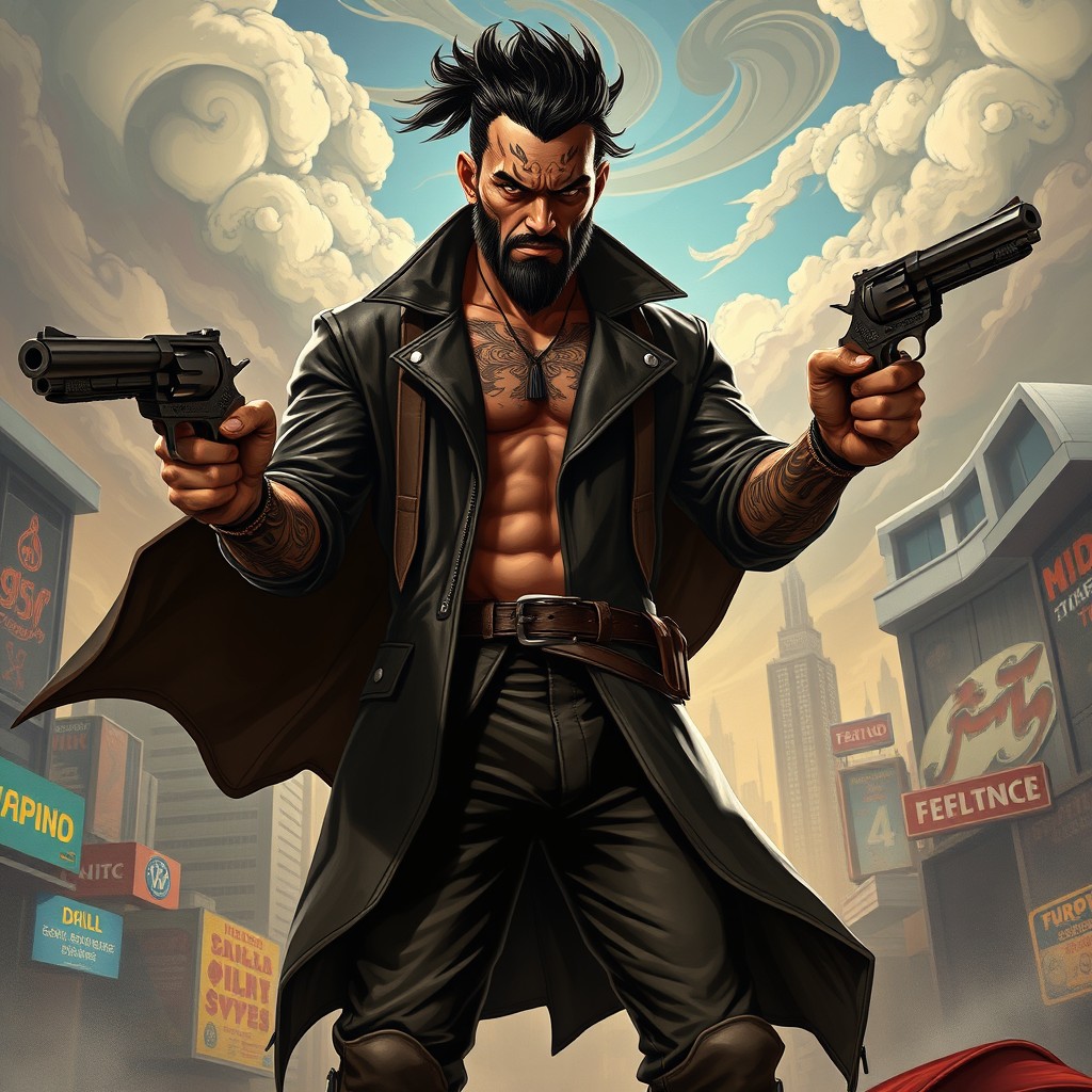 A striking portrayal of a Maori bounty hunter with a fierce expression, wielding twin revolvers confidently in each hand
