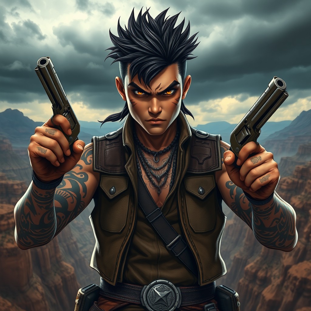 A young Maori bounty hunter with a fierce expression, dressed in a rugged outfit complete with a leather vest and tribal patterns