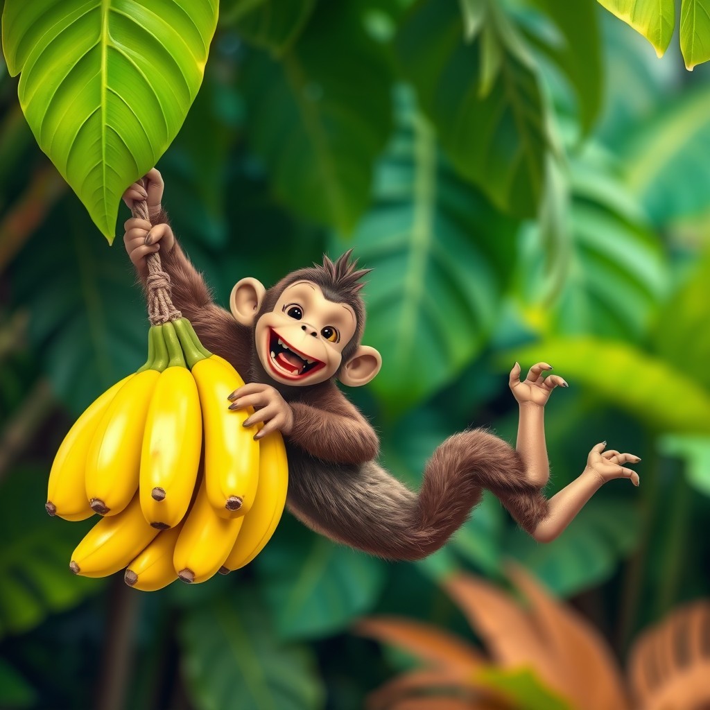 A whimsical scene where a playful monkey is joyfully interacting with a bunch of ripe bananas