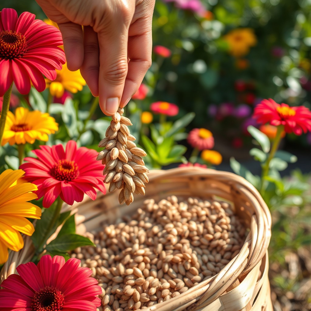 A close-up view of zinnia seeds being collected, showcasing the process in detail