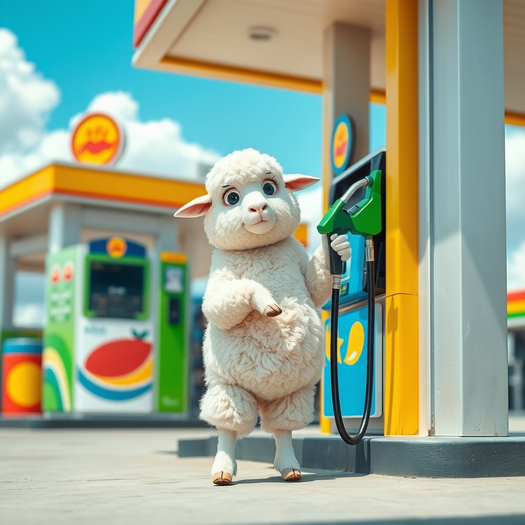 A fluffy white sheep humorously filling up its gas tank at a colorful gas station