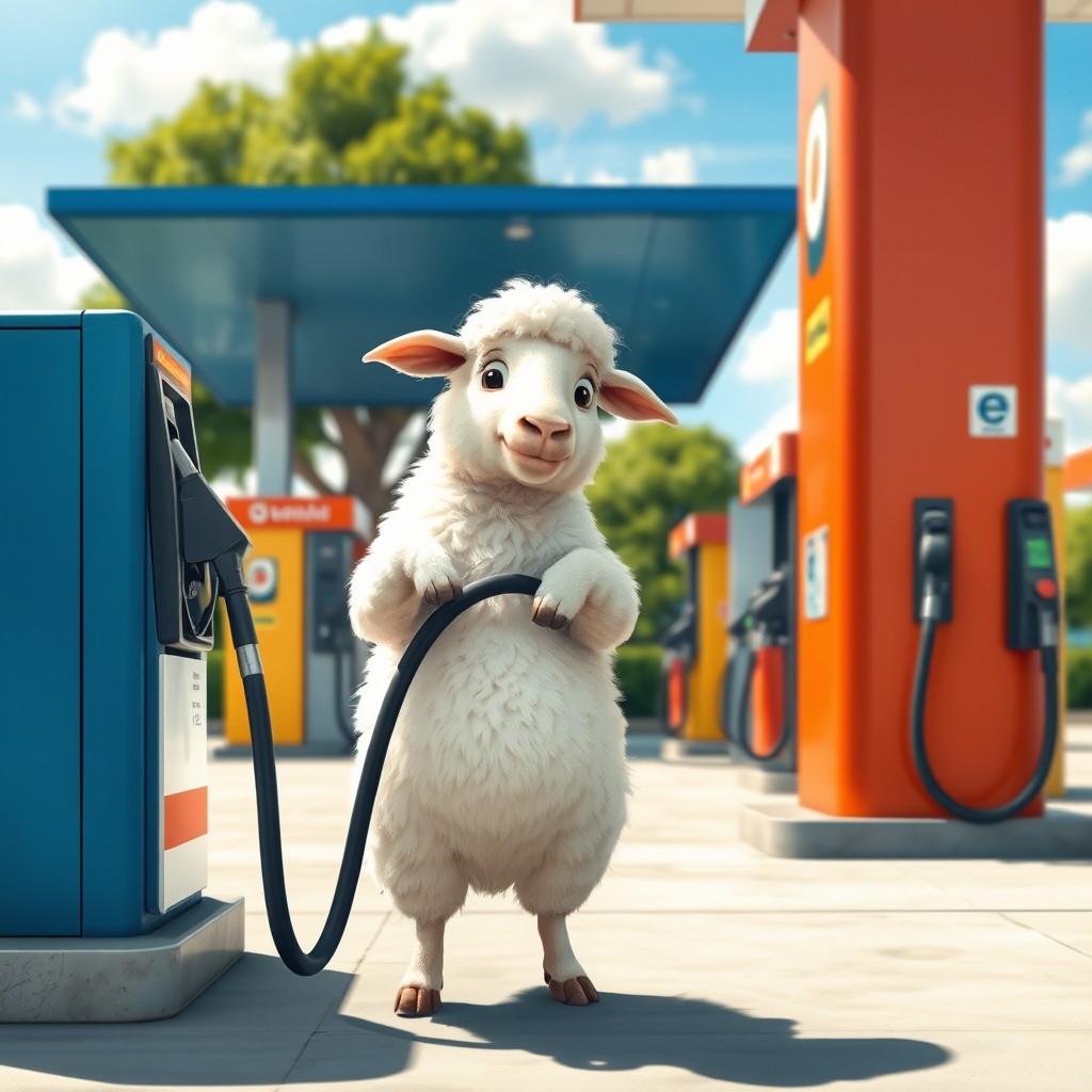 A whimsical scene featuring a white-fleeced sheep standing upright at a gas station, adorably and clumsily filling up a petrol tank