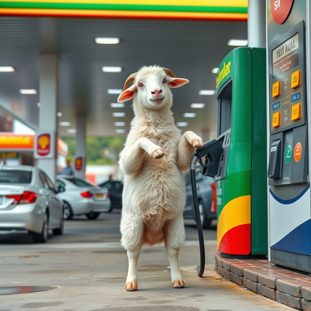 A white sheep standing on its hind legs and front legs, amusingly filling gas at a fuel station, with a whimsical expression on its face