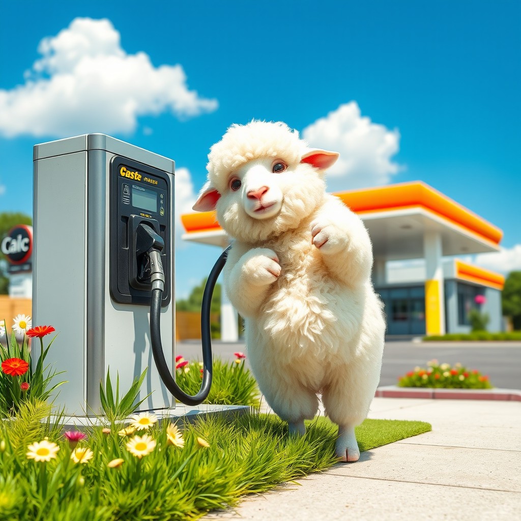 A white sheep standing on its hind legs, filling up gas from a fuel pump at a gas station, surrounded by bright green grass and colorful flowers