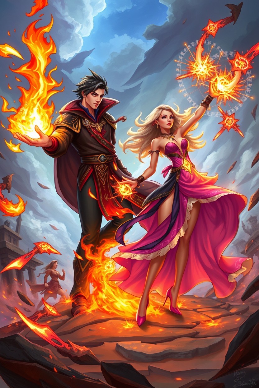 A dynamic fantasy scene depicting a fiery battle between Kenji, a male fire mage, and Lateila, a female fashion mage