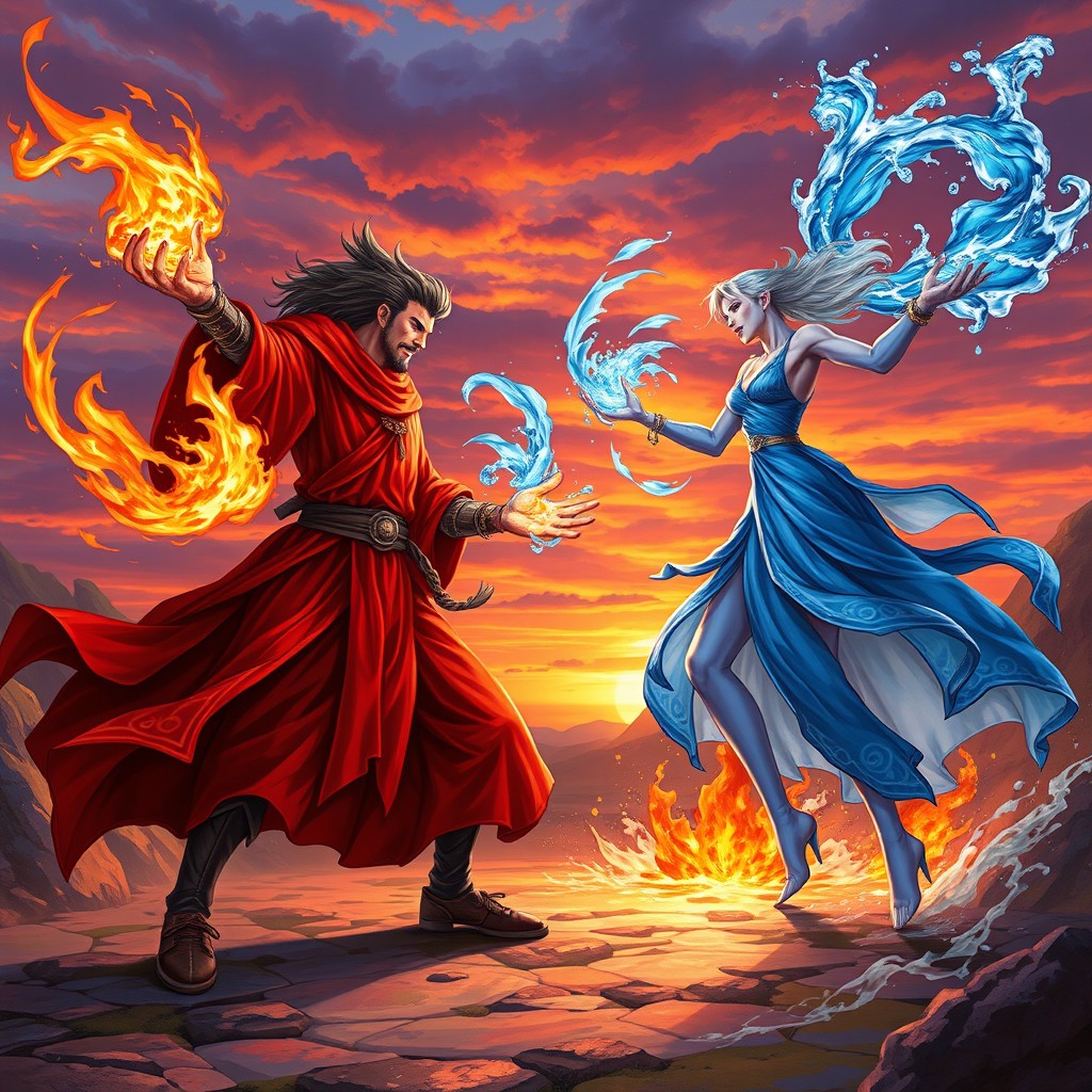 A dramatic duel between two powerful mages in a fantastical setting