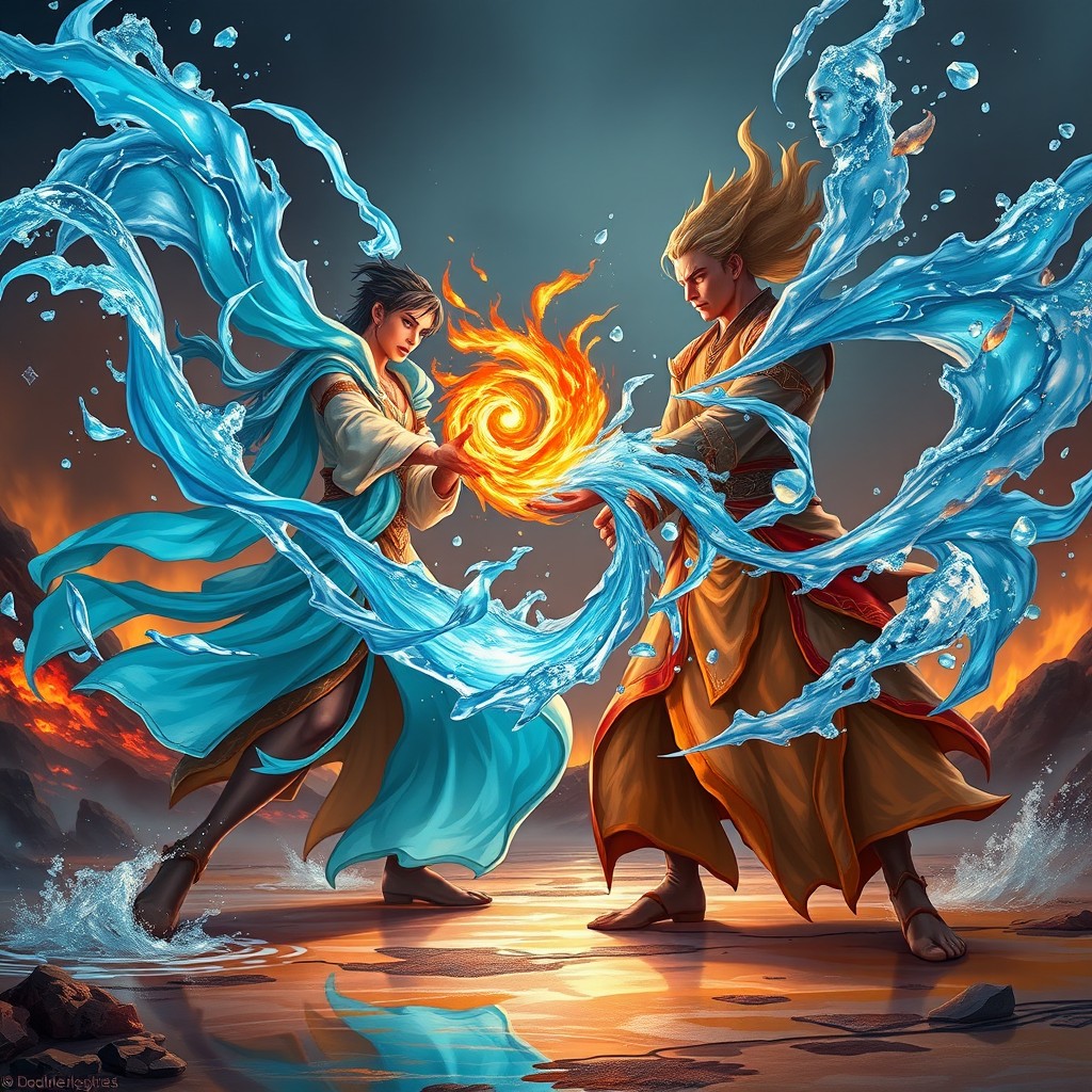 A thrilling magical battle between Kengji, the fire mage, and Lateyla, the water mage