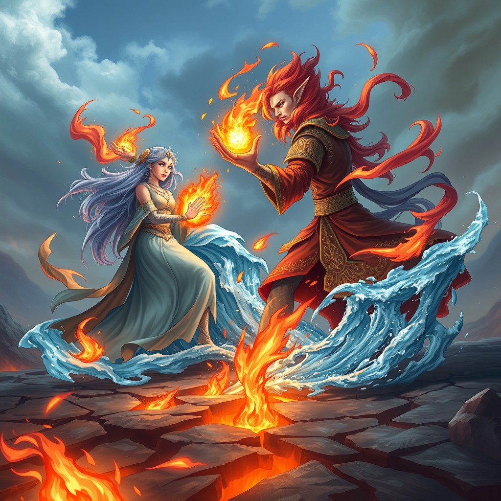 An epic showdown between Kengji, the fire mage, and Lateyla, the water mage, set in a mystical landscape