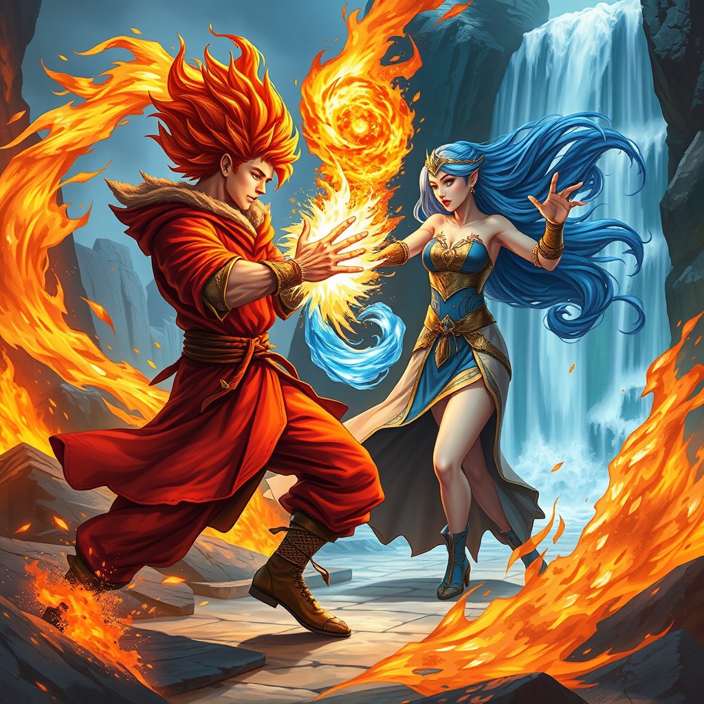 An intense confrontation between Kengji, the fire mage, and Lateyla, the water mage, set in a mystical arena