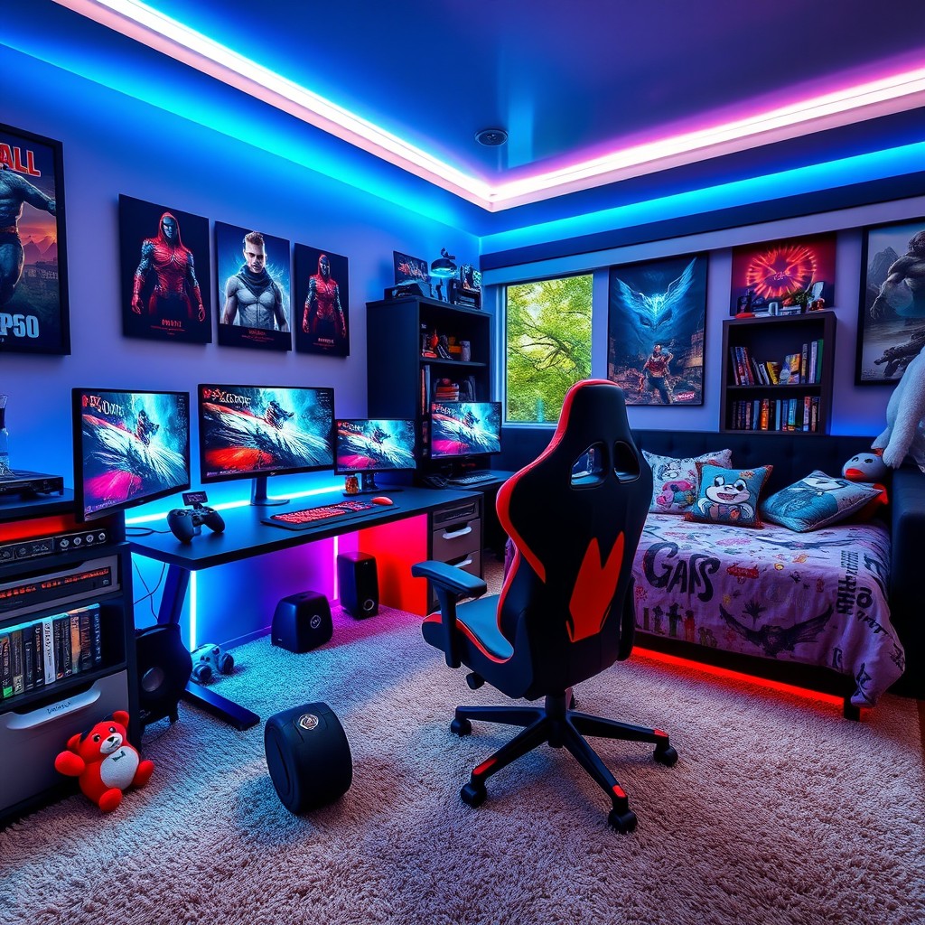 A vibrant gaming bedroom setup featuring a sleek gaming desk with multiple monitors displaying colorful video game graphics, an ergonomic gaming chair, and a stylish bookshelf filled with games and collectibles