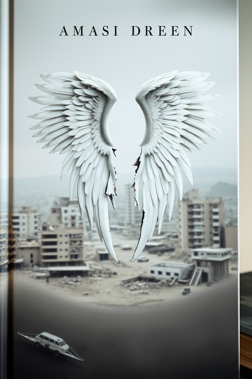 An aesthetic book cover featuring a pair of broken wings, beautifully rendered in a whitish tone, symbolizing fragility and loss