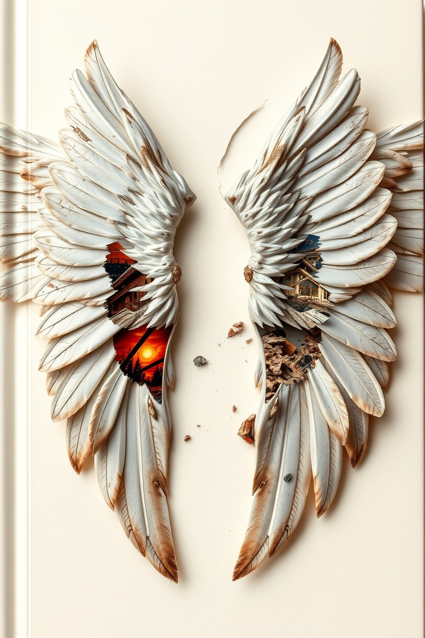 An aesthetic book cover featuring broken wings, delicately torn, with a creamy whitish background