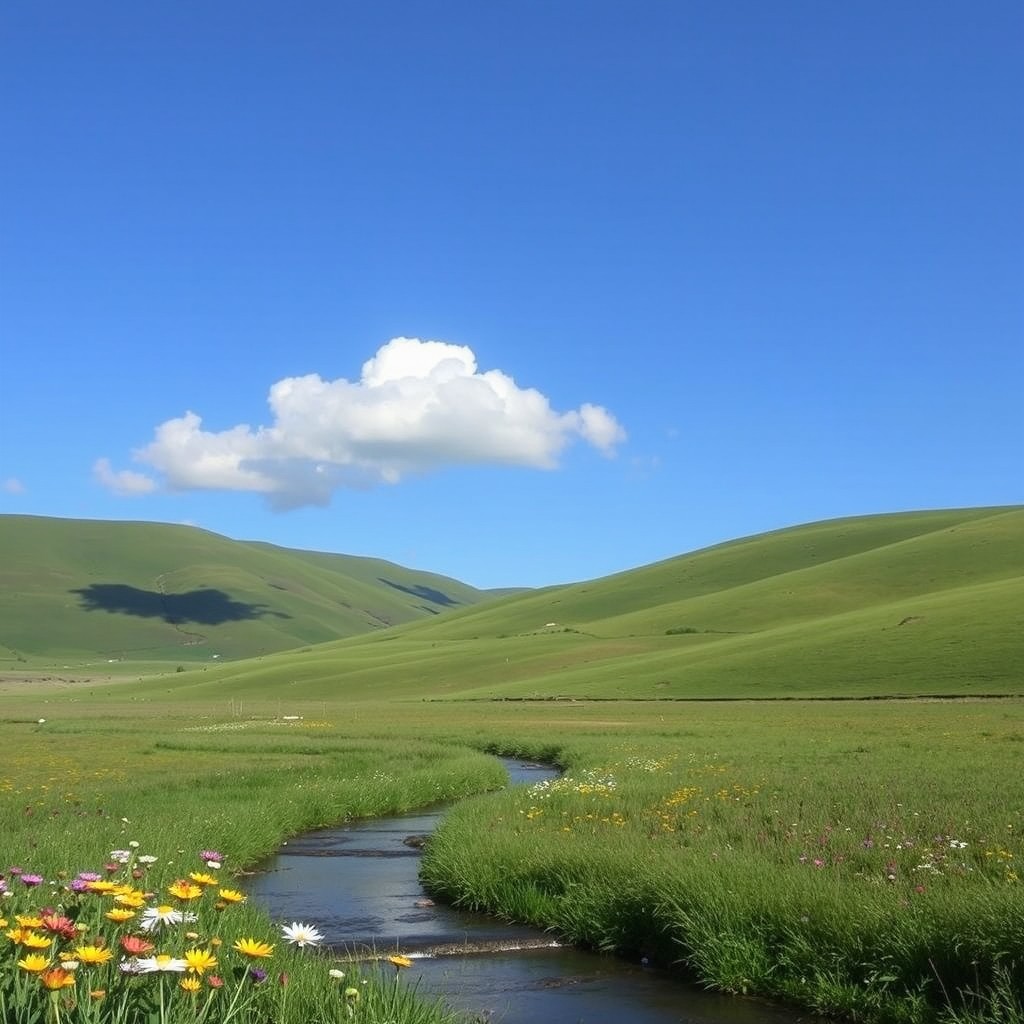 A serene landscape featuring rolling green hills under a clear blue sky, with a few fluffy white clouds drifting by