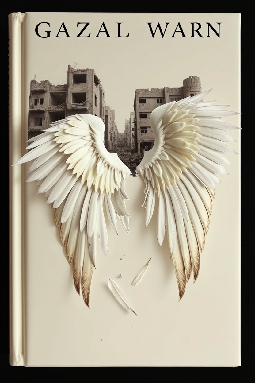 An aesthetic book cover featuring broken, torn wings falling down, with intricate details of the torn edges and drifting feathers