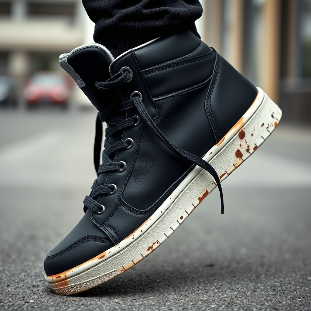 A stylish high-top sneaker, slightly worn with dirt smudges on the sides and soles, showcasing a fashionable design with a mix of black leather and white accents