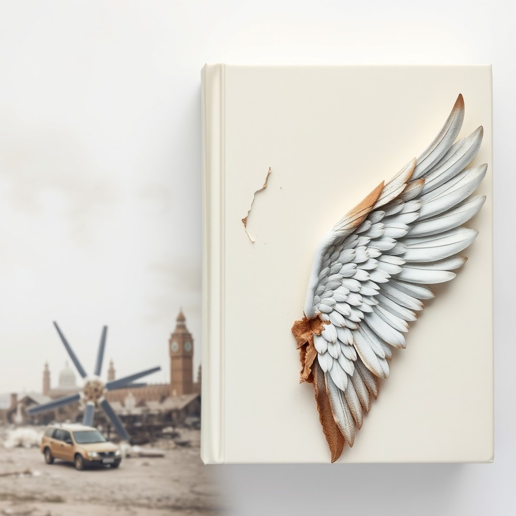 An aesthetic book cover featuring a pair of wings on the right side, with one wing broken, torn, and ripped, while the left wing appears uninjured and intact