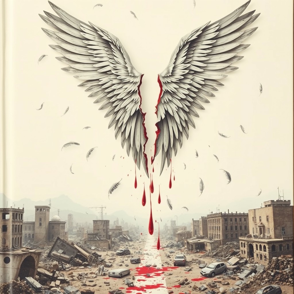 An aesthetic book cover featuring a pair of broken, torn, and ripped wings cascading down over a land of destruction marked by crumbling infrastructure and splashes of blood