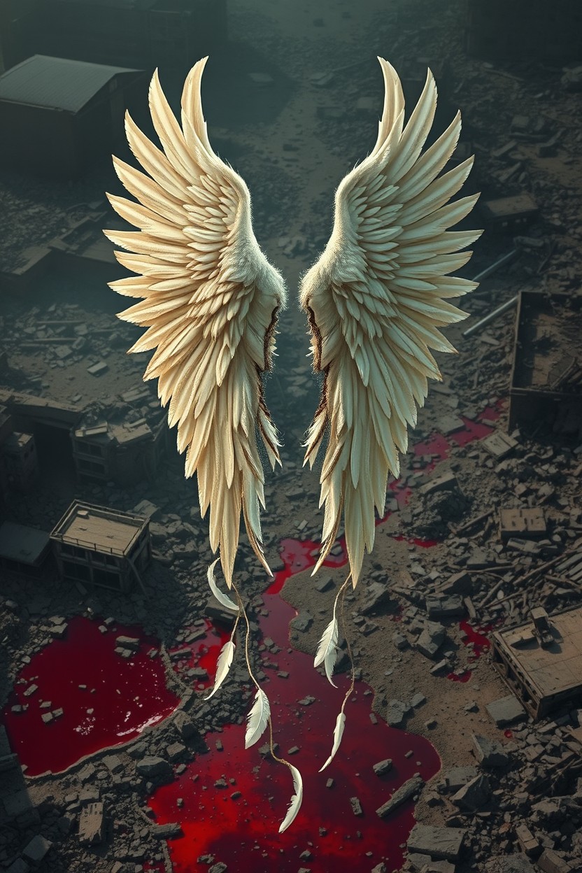 A stunning aesthetic cover featuring a pair of broken, torn, and ripped wings gracefully falling down amidst a devastated landscape filled with shattered infrastructure and pools of blood
