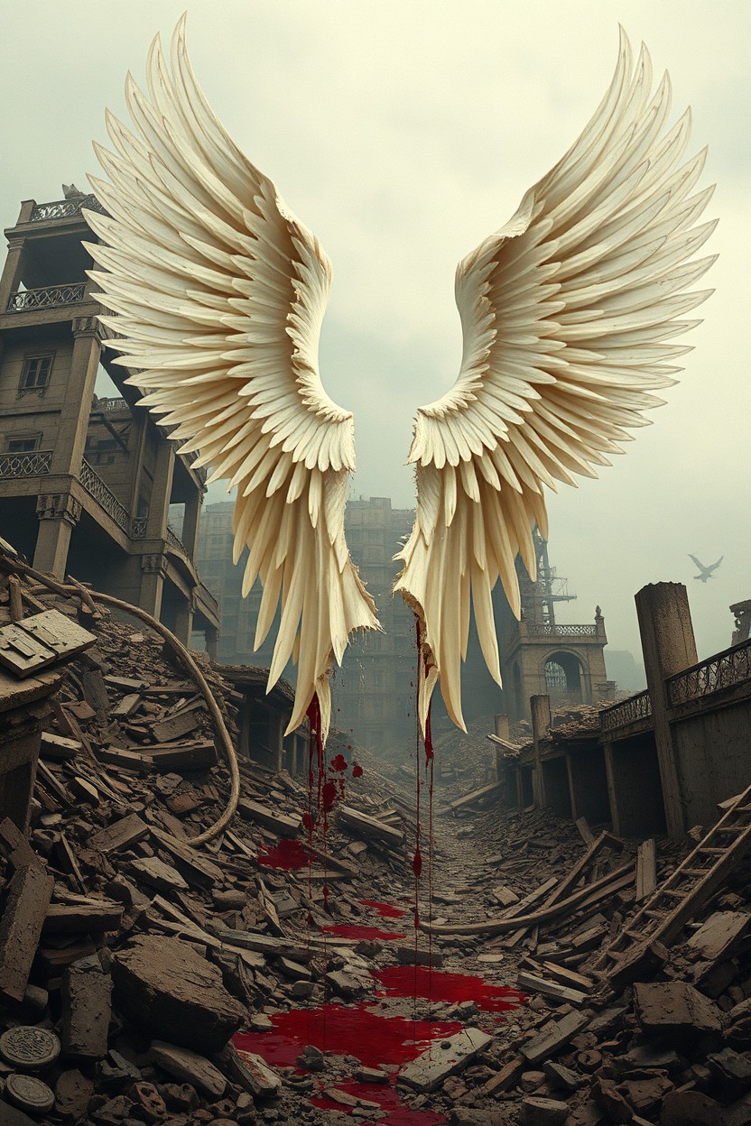 Aesthetic cover featuring a pair of broken, torn, and ripped wings gracefully falling down into a landscape of destruction, showcasing crumbling infrastructure and splashes of blood