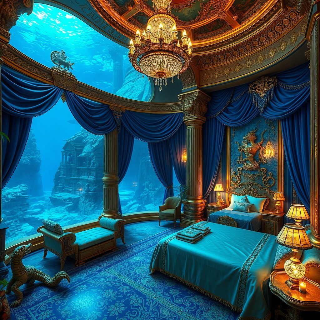 Luxurious and mystical interiors of ancient Atlantis city temples, featuring opulent bedrooms with intricate gold and lapis lazuli detailing