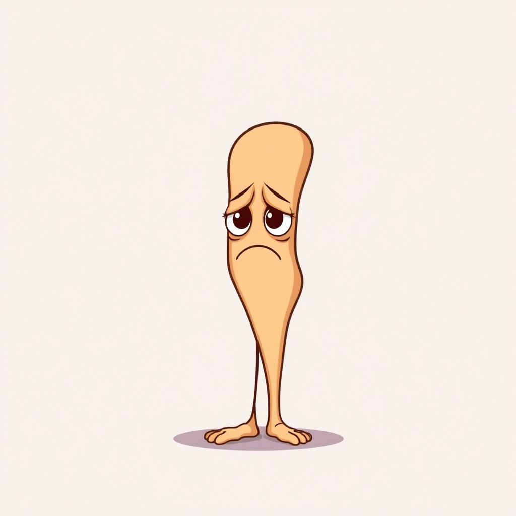 A cartoon-style illustration of a single leg standing upright with a sad face