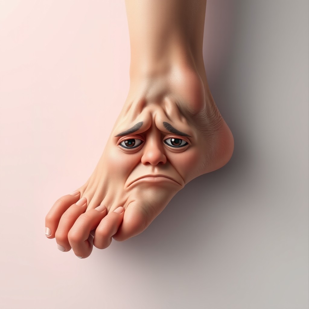 A human leg with a sad face expression, emerging from the bottom of the frame