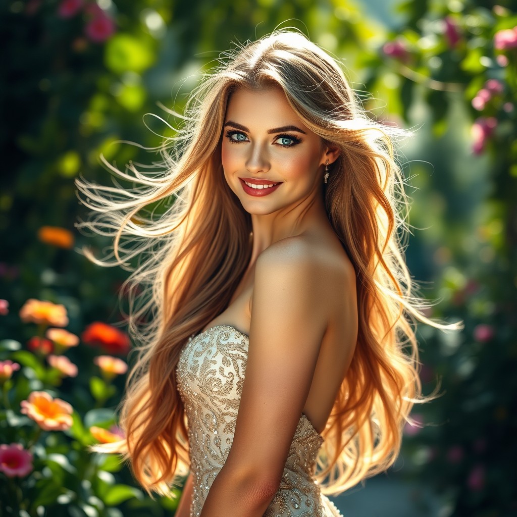 A stunning beautiful woman with long flowing hair, wearing an elegant, shimmering gown that glistens in the light