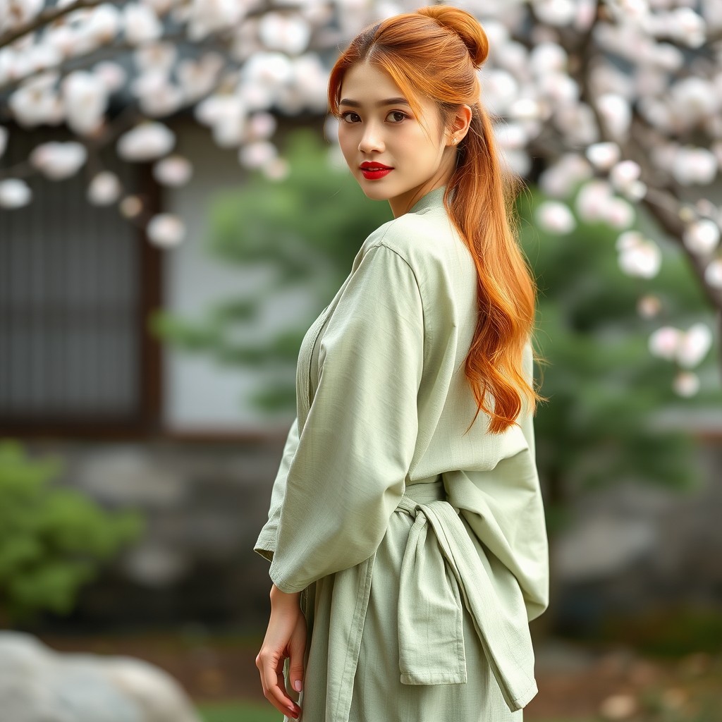 A beautiful woman in a lightweight, comfortable yukata made of soft cotton in a muted green shade