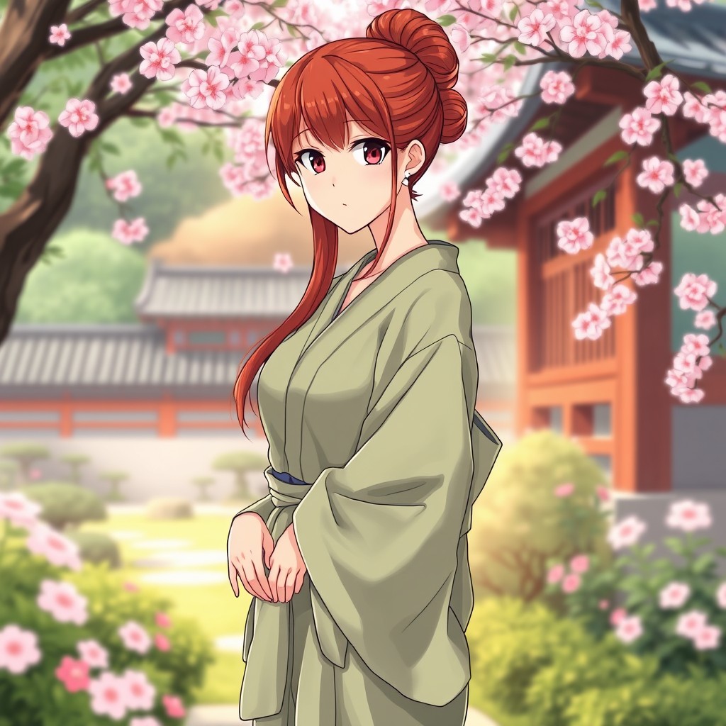 A stunning anime-style illustration of a woman wearing a lightweight, comfortable yukata made of soft cotton in a muted green shade