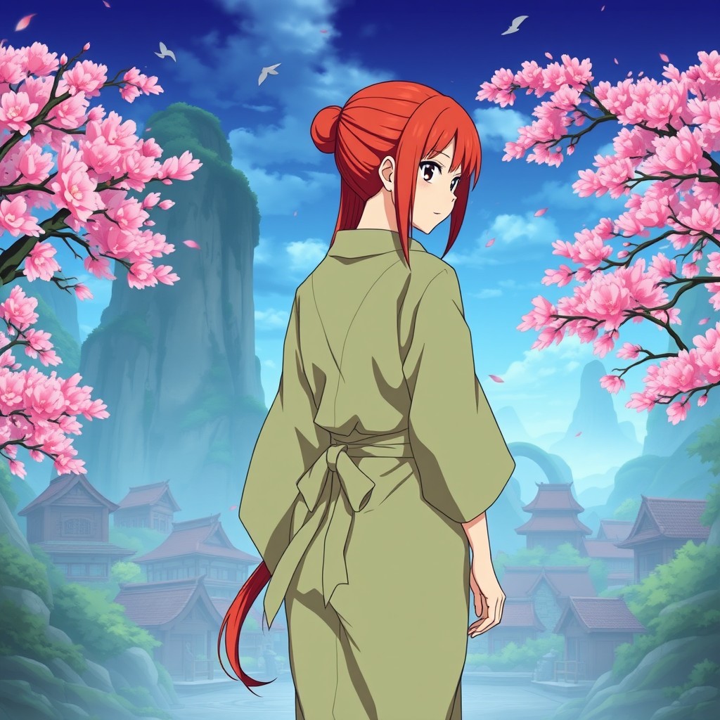 An anime-style illustration inspired by Naruto, featuring a character named Kushina dressed in a lightweight, comfortable yukata made of soft cotton in a muted green shade