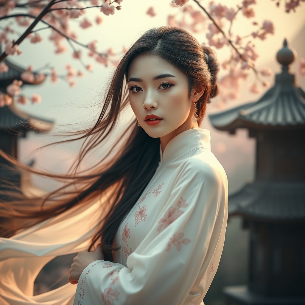 A mesmerizing Chinese beauty, embodying grace and elegance, standing in an ethereal landscape filled with cherry blossoms and traditional pagodas
