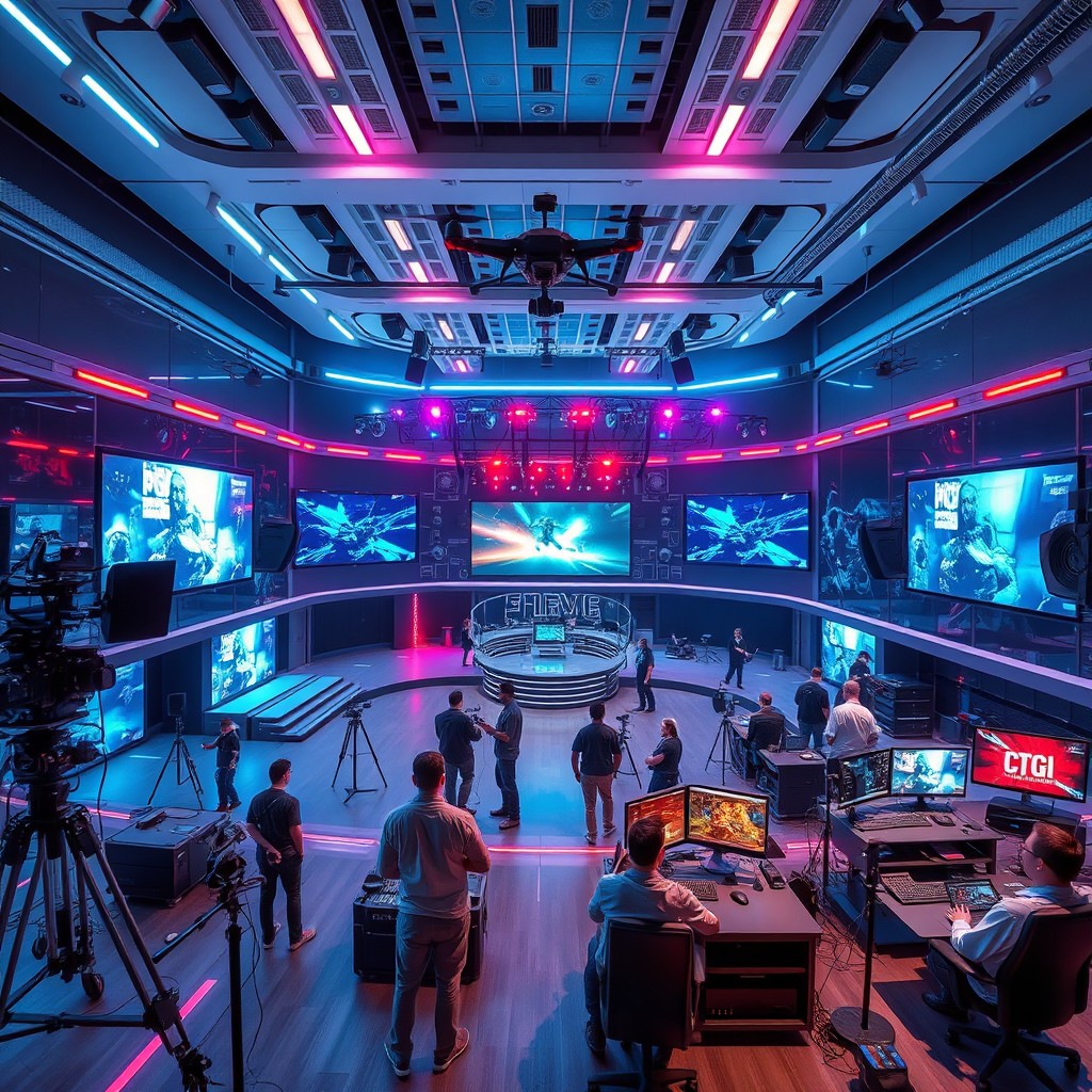 A futuristic high-tech film studio, showcasing advanced film production equipment, large sound stages with dynamic lighting setups, digital screens displaying vibrant visuals, and crew members operating cutting-edge cameras and drones