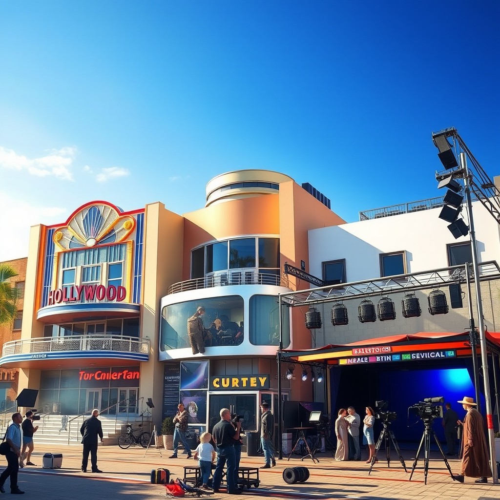 A vibrant depiction of various film studios, showcasing different styles of filmmaking