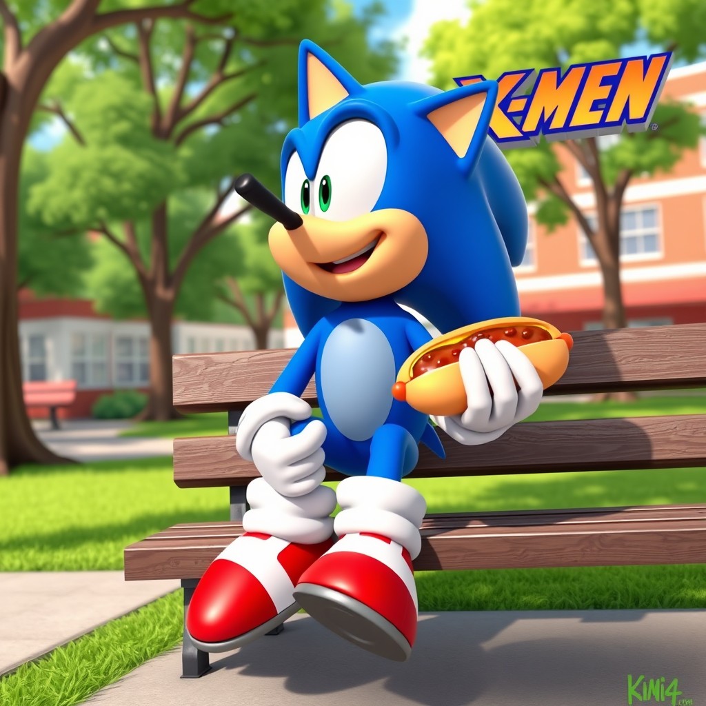 Sonic the Hedgehog sitting on a bench in the X-Men schoolyard, holding a chili dog and smiling