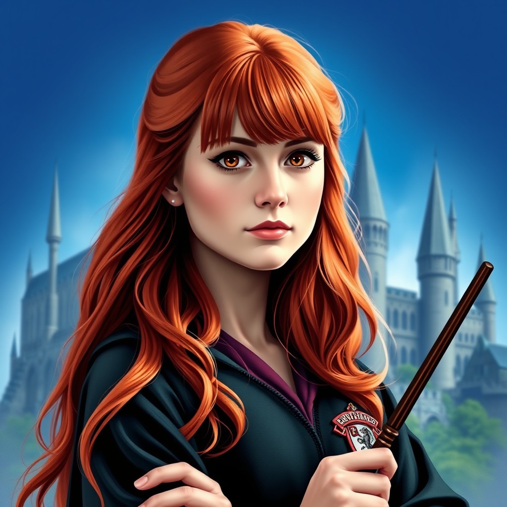 A portrait of Ginny Weasley, a young witch with long, vibrant red hair, capturing her appearance as described in the Harry Potter books