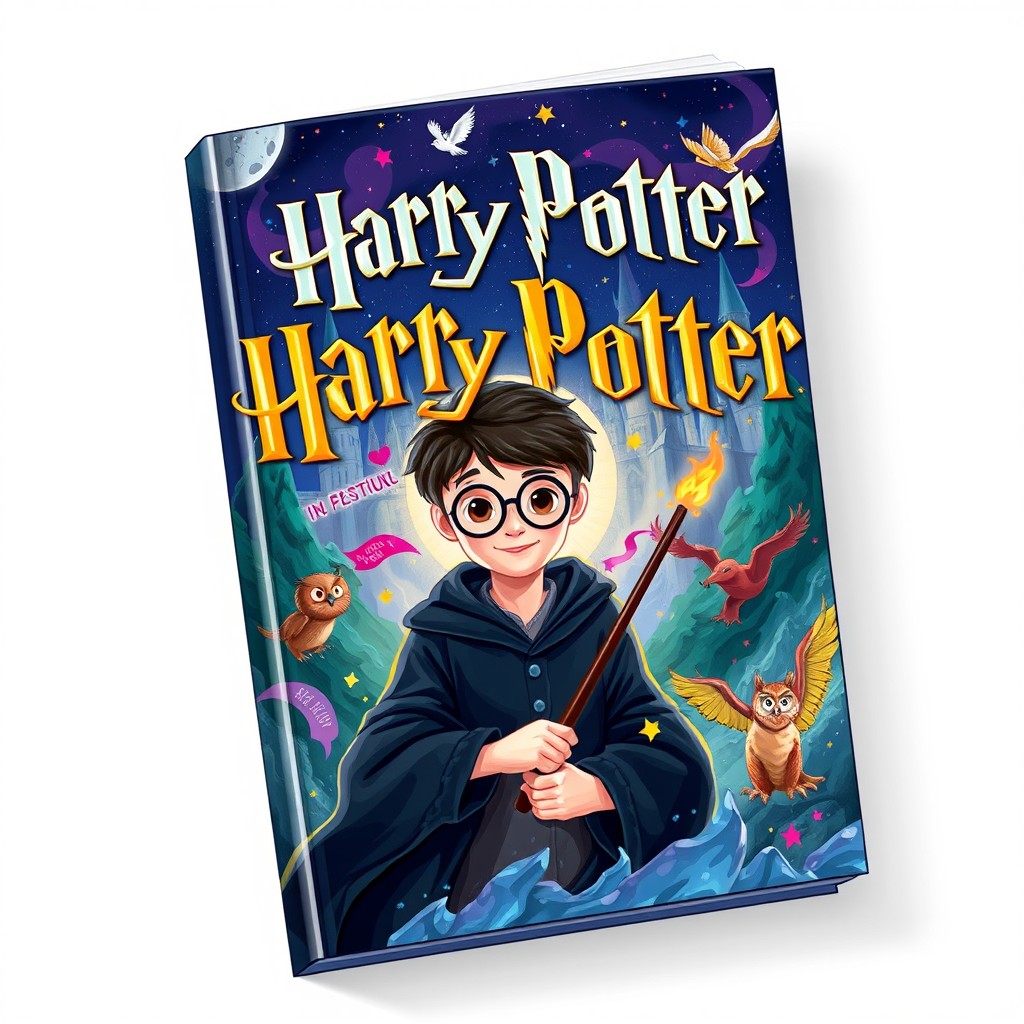 An illustration of the iconic book cover design for a Harry Potter novel, featuring a magical atmosphere