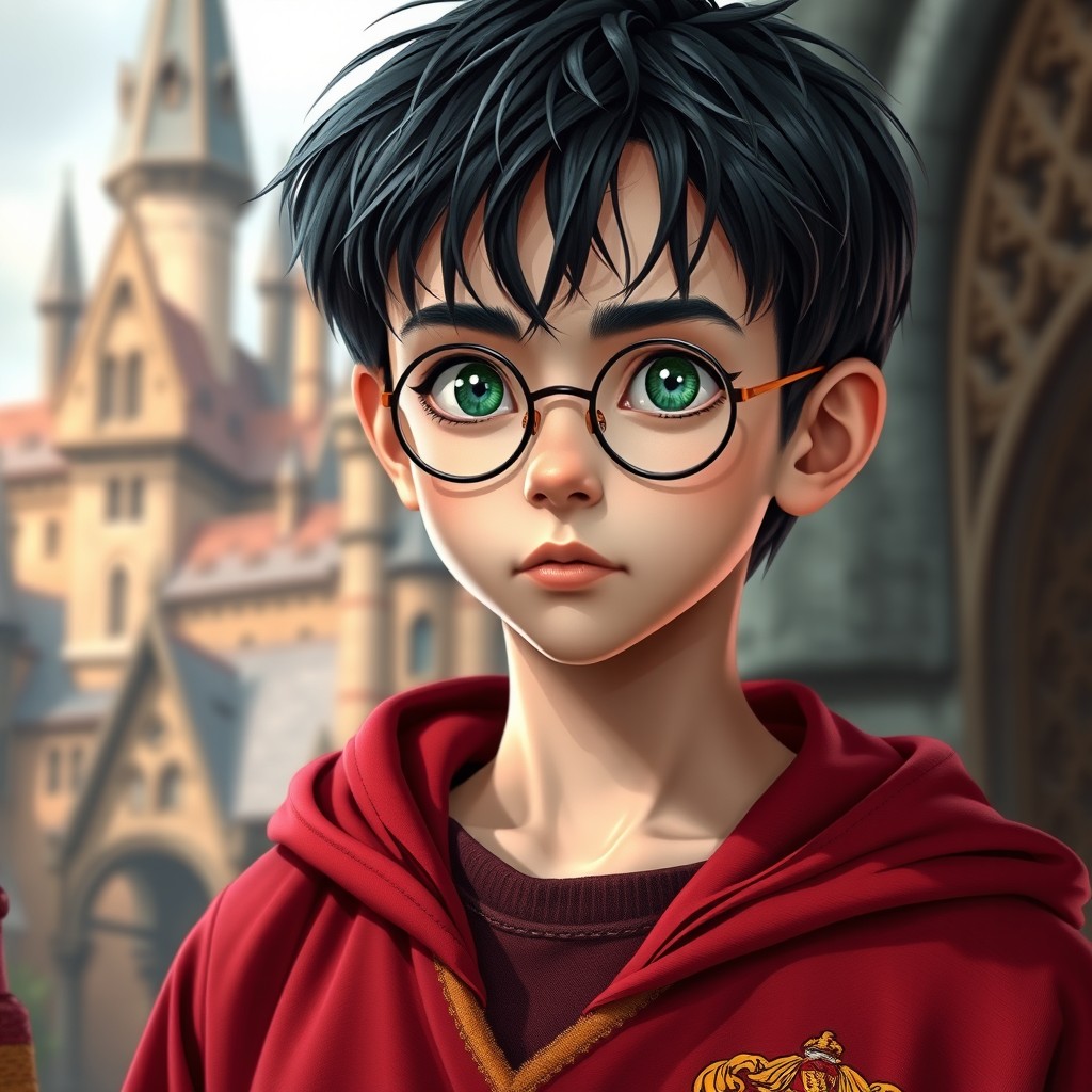 A teenage boy with untidy jet black hair, almond shaped green eyes, and a skinny, thin physique