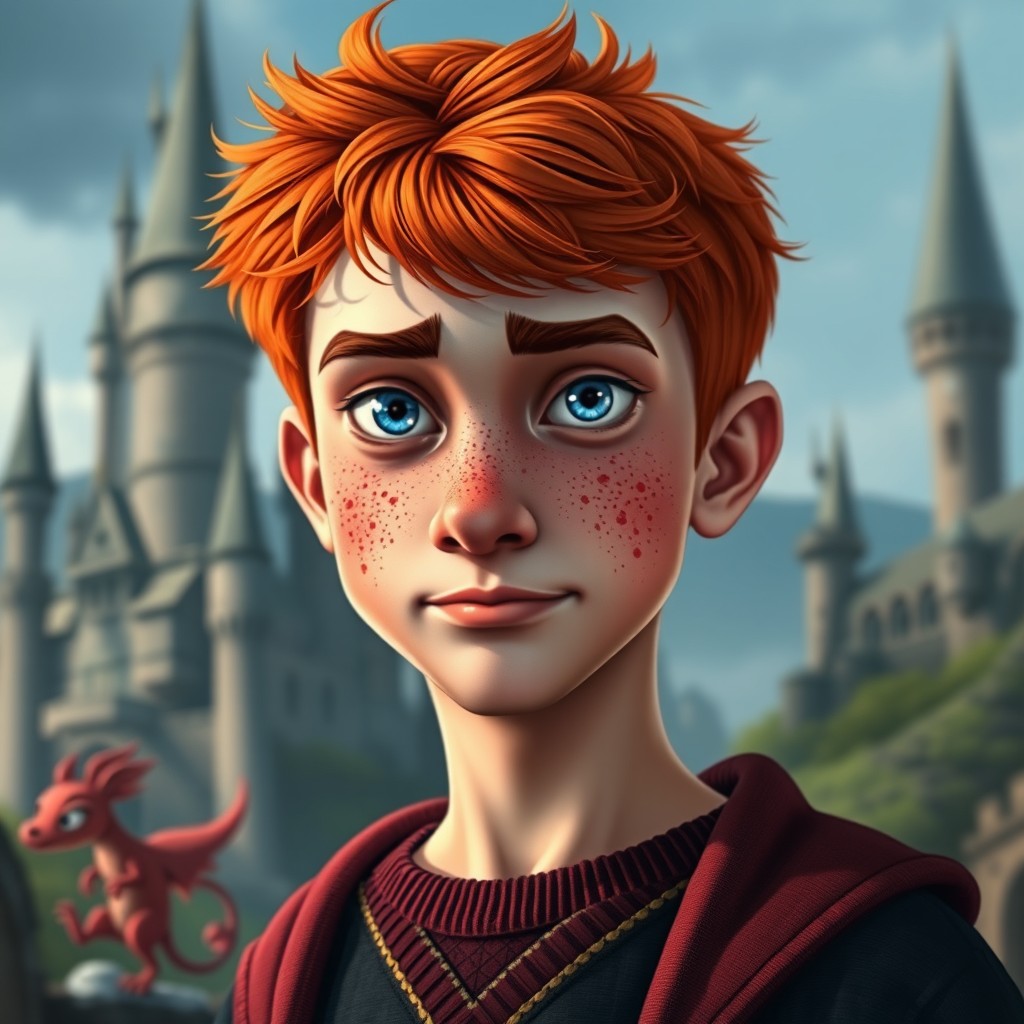 A tall, lanky teenage boy with vibrant red hair and adorable freckles, showcasing sparkling blue eyes
