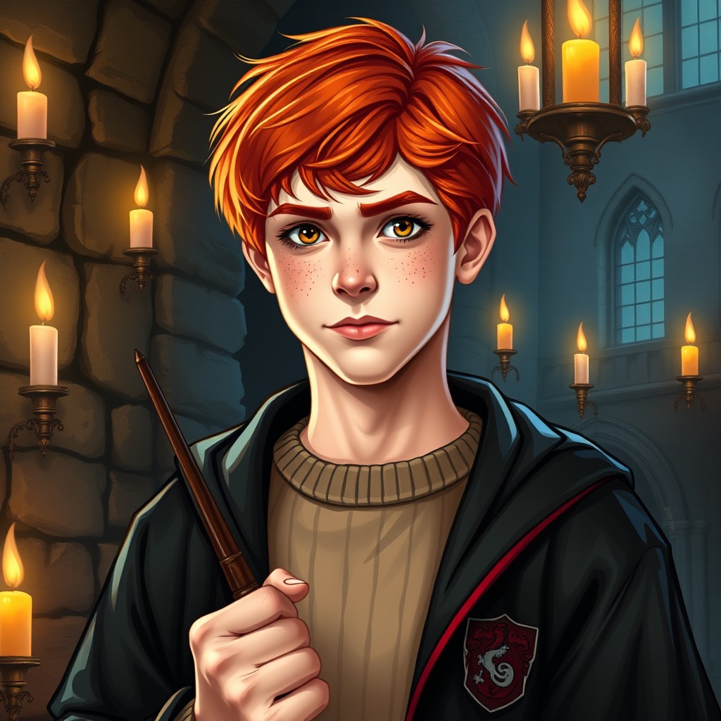 A detailed portrait of a teenage wizard named Ronald Weasley, inspired by the book descriptions
